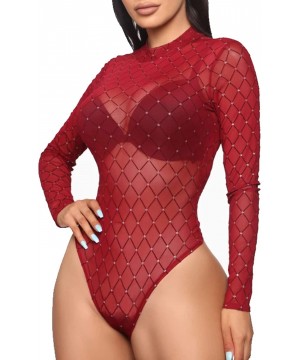 Shapewear Sexy Women Long Sleeve Jumpsuit Lace Bodysuit Stretch Leotard Top Blouse Tshirt - L-red - CZ19272QLN8