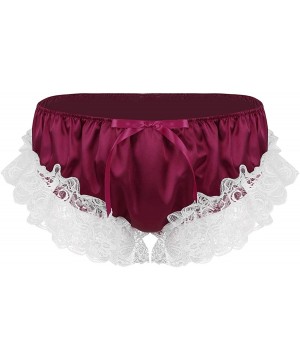 Briefs Men's Ruffled Satin Bikini Briefs Sissy Panties Floral Lace Crossdress Underwear - Wine Red - C619CS3KNLQ