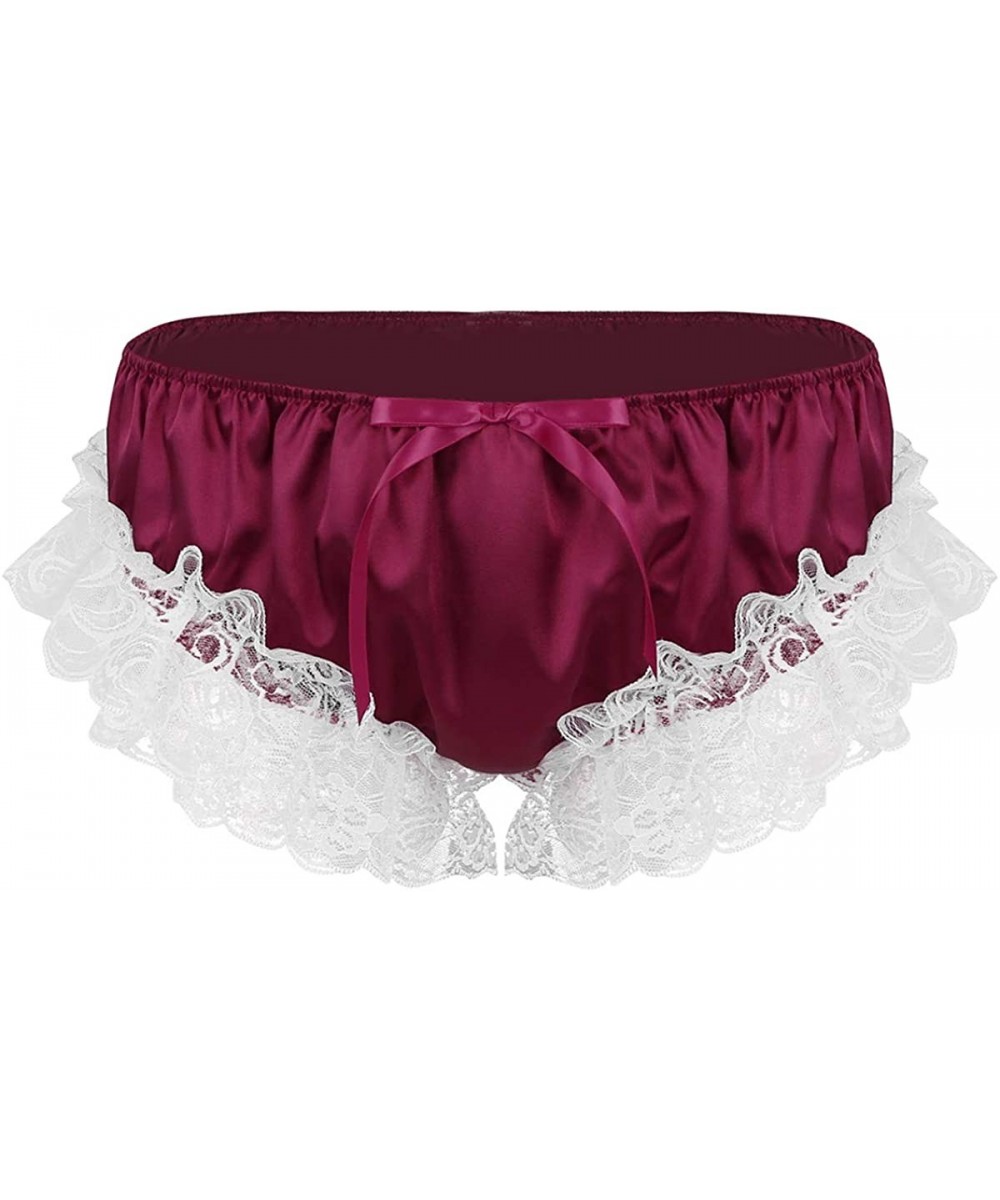 Briefs Men's Ruffled Satin Bikini Briefs Sissy Panties Floral Lace Crossdress Underwear - Wine Red - C619CS3KNLQ