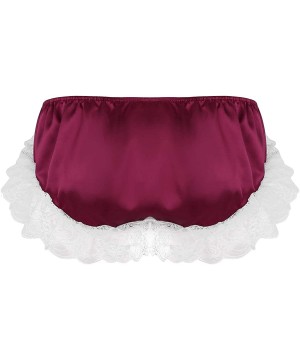 Briefs Men's Ruffled Satin Bikini Briefs Sissy Panties Floral Lace Crossdress Underwear - Wine Red - C619CS3KNLQ