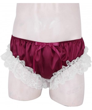 Briefs Men's Ruffled Satin Bikini Briefs Sissy Panties Floral Lace Crossdress Underwear - Wine Red - C619CS3KNLQ