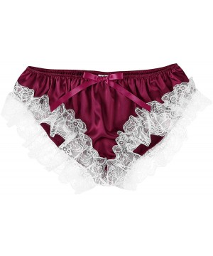 Briefs Men's Ruffled Satin Bikini Briefs Sissy Panties Floral Lace Crossdress Underwear - Wine Red - C619CS3KNLQ