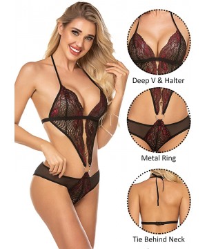 Baby Dolls & Chemises Women Lingerie Teddy Lace Bodysuit Deep V Halter One Piece Babydoll - Black Red - CO18YHR338N