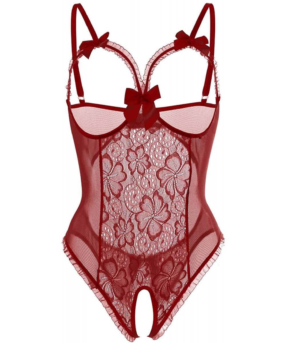 Baby Dolls & Chemises Women Lingerie Sexy Lace One-Piece Teddy Bodysuit Nightie Plus Size - Wine Red - CU192L3HZ7G