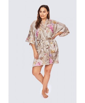 Robes Plus Size Women's Satin Kimono Robe Short - Floral - Chrysanthemum & Crane - Willow - CG19CUME7YH