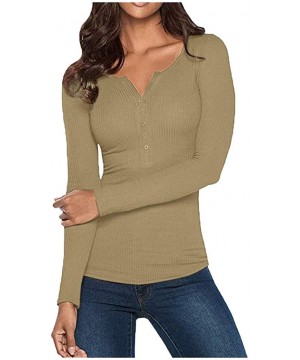 Shapewear Womens V Neck Henley Shirts Long Sleeve Ribbed Button Down Basic Tops Tees - Khaki - CJ18AKNLWYI