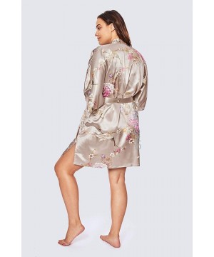 Robes Plus Size Women's Satin Kimono Robe Short - Floral - Chrysanthemum & Crane - Willow - CG19CUME7YH