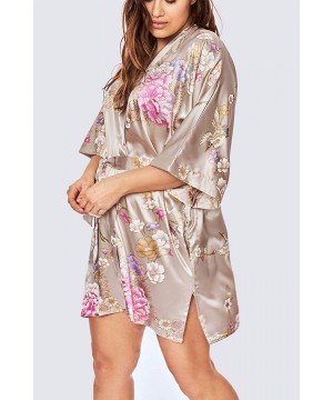 Robes Plus Size Women's Satin Kimono Robe Short - Floral - Chrysanthemum & Crane - Willow - CG19CUME7YH