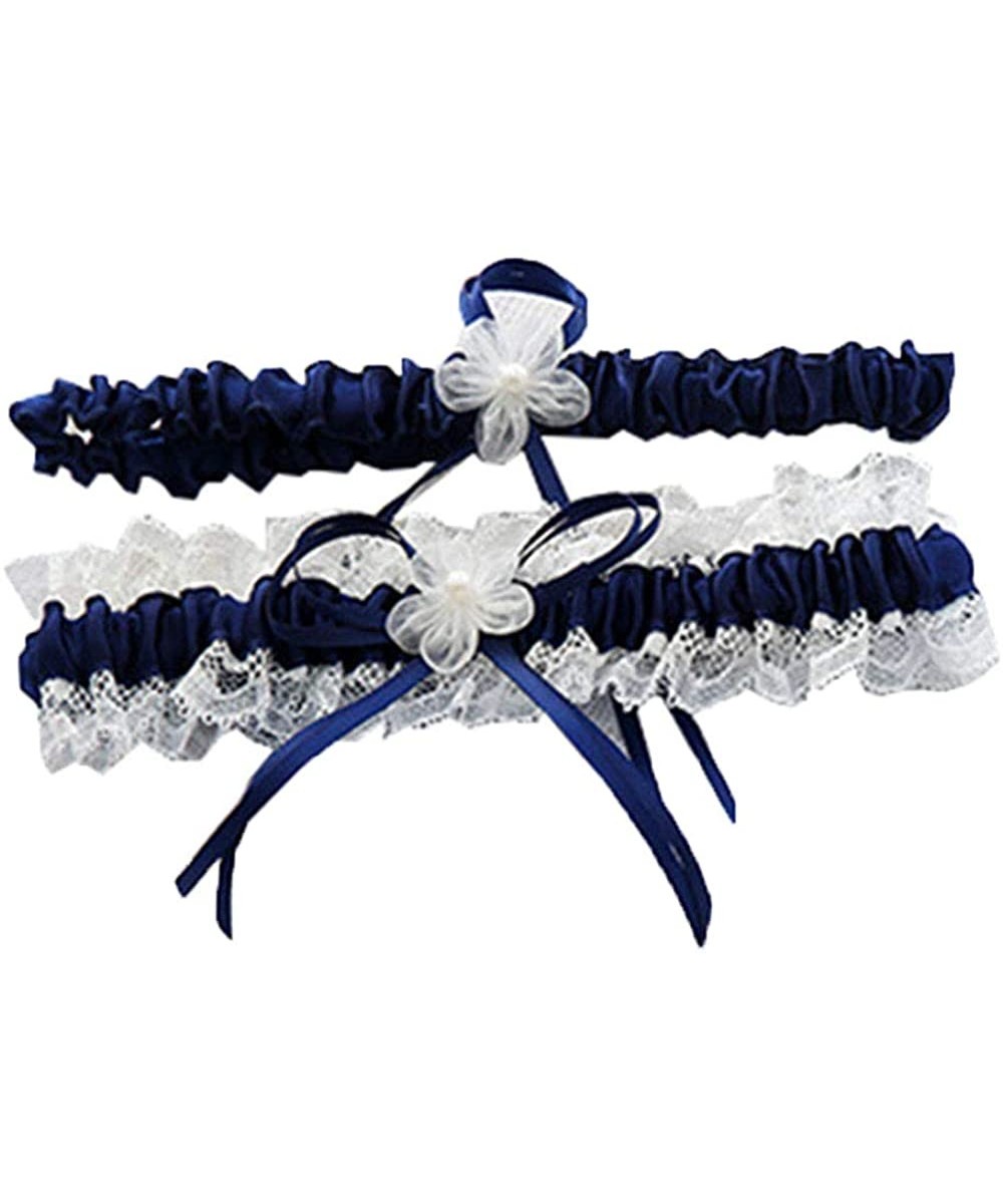 Garters & Garter Belts Women's Lace Ruffle Satin Garter with 2 Pieces Packing for Wedding Bride BT090 - Navy/Ivory - CK182OHKASS