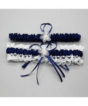 Garters & Garter Belts Women's Lace Ruffle Satin Garter with 2 Pieces Packing for Wedding Bride BT090 - Navy/Ivory - CK182OHKASS