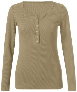 Shapewear Womens V Neck Henley Shirts Long Sleeve Ribbed Button Down Basic Tops Tees - Khaki - CJ18AKNLWYI