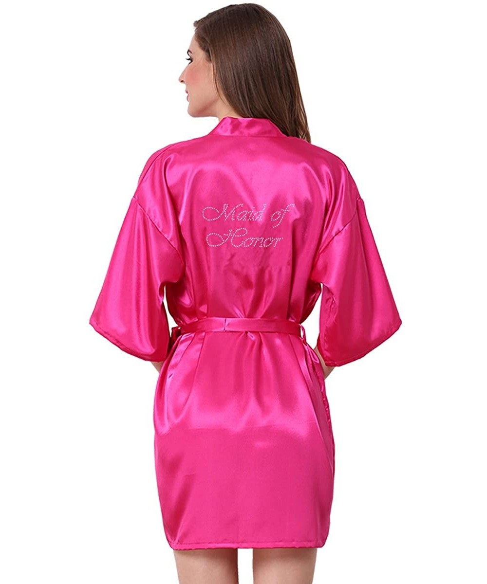 Robes Wedding Party Satin Kimono Bride Bridesmaid Robes with Rhinestone - Fuchsia(maid of Honor) - C3186MIG9HH