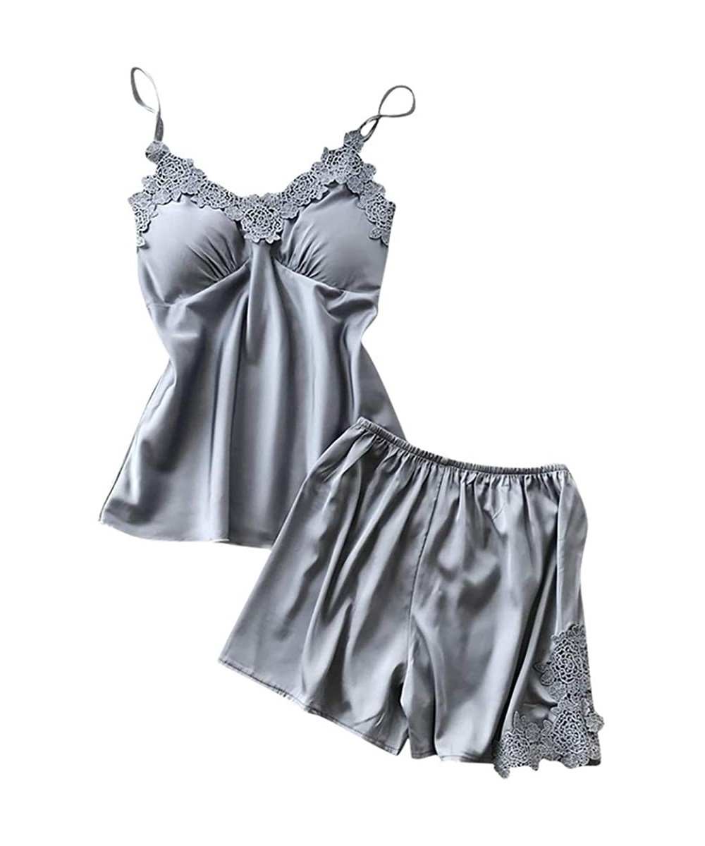 Nightgowns & Sleepshirts Womens Sleepwear Sets-Sexy Satin Sling Shorts and Lace Camisole Loose Thin Lingeries - Gray - C018SD...