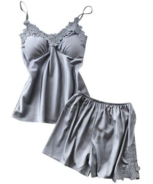 Nightgowns & Sleepshirts Womens Sleepwear Sets-Sexy Satin Sling Shorts and Lace Camisole Loose Thin Lingeries - Gray - C018SD...