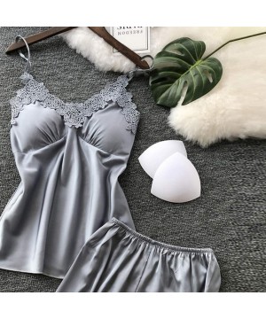 Nightgowns & Sleepshirts Womens Sleepwear Sets-Sexy Satin Sling Shorts and Lace Camisole Loose Thin Lingeries - Gray - C018SD...