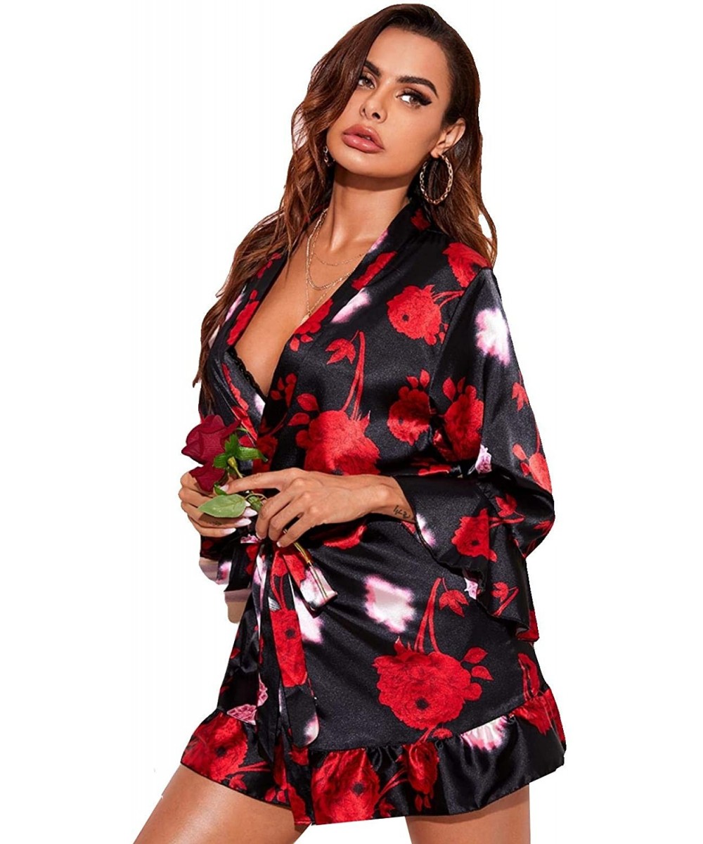 Robes Women's Floral Print Ruffle Hem Belted Satin Kimono Bridesmaids Robe - Black Rose - C119DSLDZC7