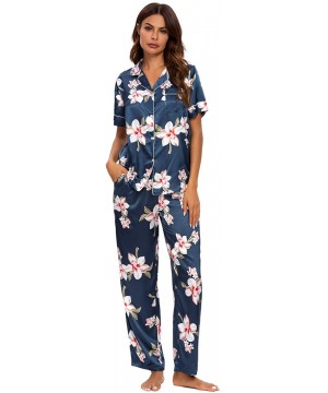 Sets Women's Pajama Set Long/Short Sleeve Floral Satin Sleepwear Nightwear Pjs - 416d5_navy_b - CW19C4SHL3N