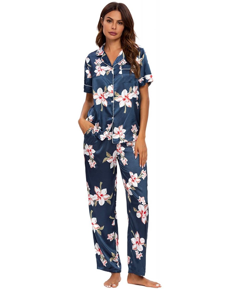 Sets Women's Pajama Set Long/Short Sleeve Floral Satin Sleepwear Nightwear Pjs - 416d5_navy_b - CW19C4SHL3N