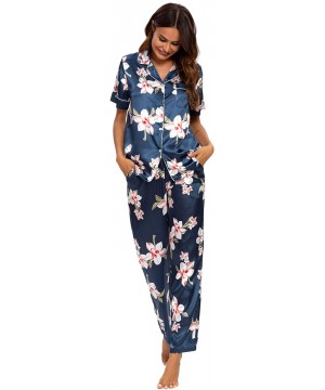 Sets Women's Pajama Set Long/Short Sleeve Floral Satin Sleepwear Nightwear Pjs - 416d5_navy_b - CW19C4SHL3N