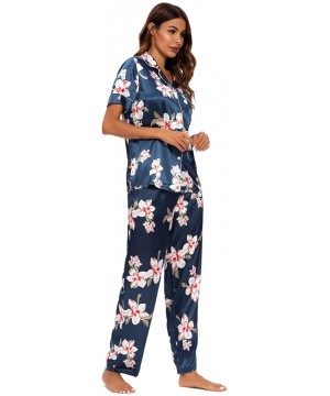 Sets Women's Pajama Set Long/Short Sleeve Floral Satin Sleepwear Nightwear Pjs - 416d5_navy_b - CW19C4SHL3N