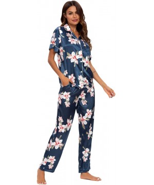 Sets Women's Pajama Set Long/Short Sleeve Floral Satin Sleepwear Nightwear Pjs - 416d5_navy_b - CW19C4SHL3N