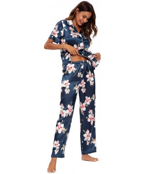 Sets Women's Pajama Set Long/Short Sleeve Floral Satin Sleepwear Nightwear Pjs - 416d5_navy_b - CW19C4SHL3N