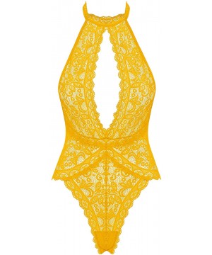 Baby Dolls & Chemises Womens Lace High Neck Lingerie One Piece Teddy Bodysuit Nightie - Yellow - C8197E65IMY