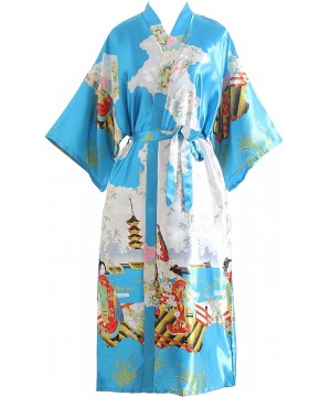 Robes Kimono Robe Long Floral Bridesmaid Wedding Satin Robes Silky Party Robe - Light Blue - C5198CUDAYI