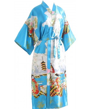 Robes Kimono Robe Long Floral Bridesmaid Wedding Satin Robes Silky Party Robe - Light Blue - C5198CUDAYI