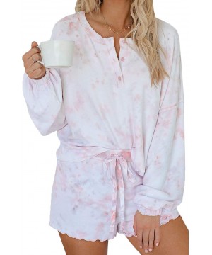 Sets Womens Short Pajamas Set Tie Dye Printed Ruffle Long/Short Sleeve Tops Nightwear Sleepwear Loungewear Pjs 1 Pink - CF198...