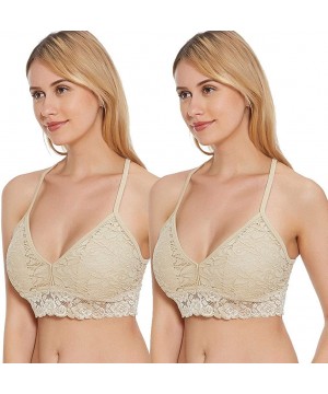 Bras Padded Lace Bralette for Women Racerback Wirefree Plunge Floral Everyday Bras-2 Pack(A-D Cups) - Nude/Nude - CZ18W47DRXC