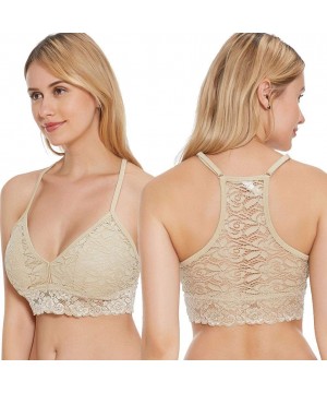 Bras Padded Lace Bralette for Women Racerback Wirefree Plunge Floral Everyday Bras-2 Pack(A-D Cups) - Nude/Nude - CZ18W47DRXC