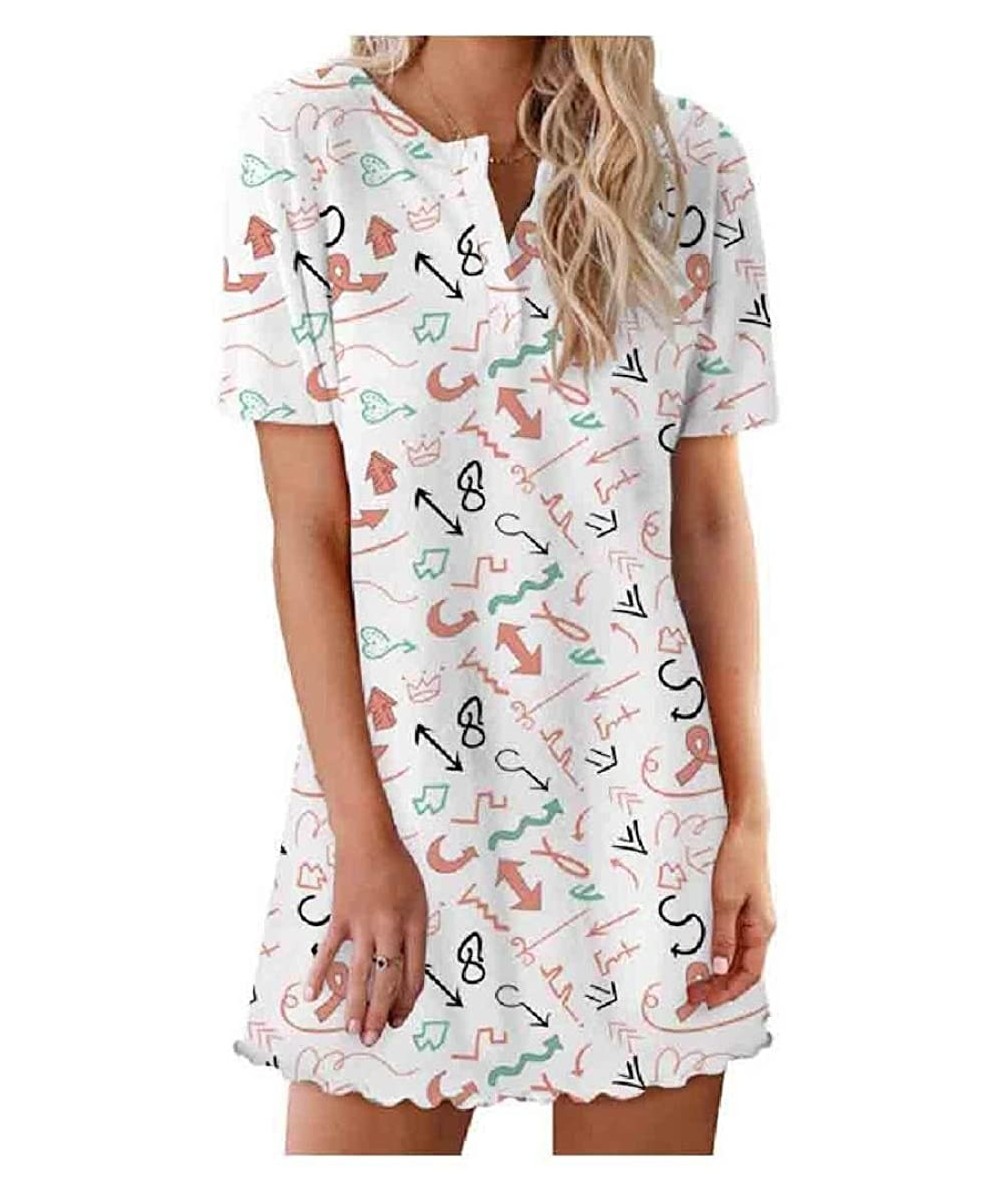 Nightgowns & Sleepshirts Women Floral Short Sleeves Casual Loose Lips Mini Dress Nightgown - As11 - CG190C25R8L