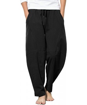 Sleep Bottoms Men Cotton Linen Yoga Pant Casual Drawstring Loose Fit Baggy Harem Pant - 1 - Black - CO19EOCU3LK