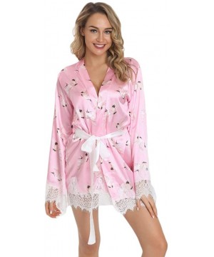 Slips Sexy Lingerie Women Printing Robe Satin Bathrobe Sleepwear Pajamas Bridal Gown - Pink - CX18ZQOZ6SE