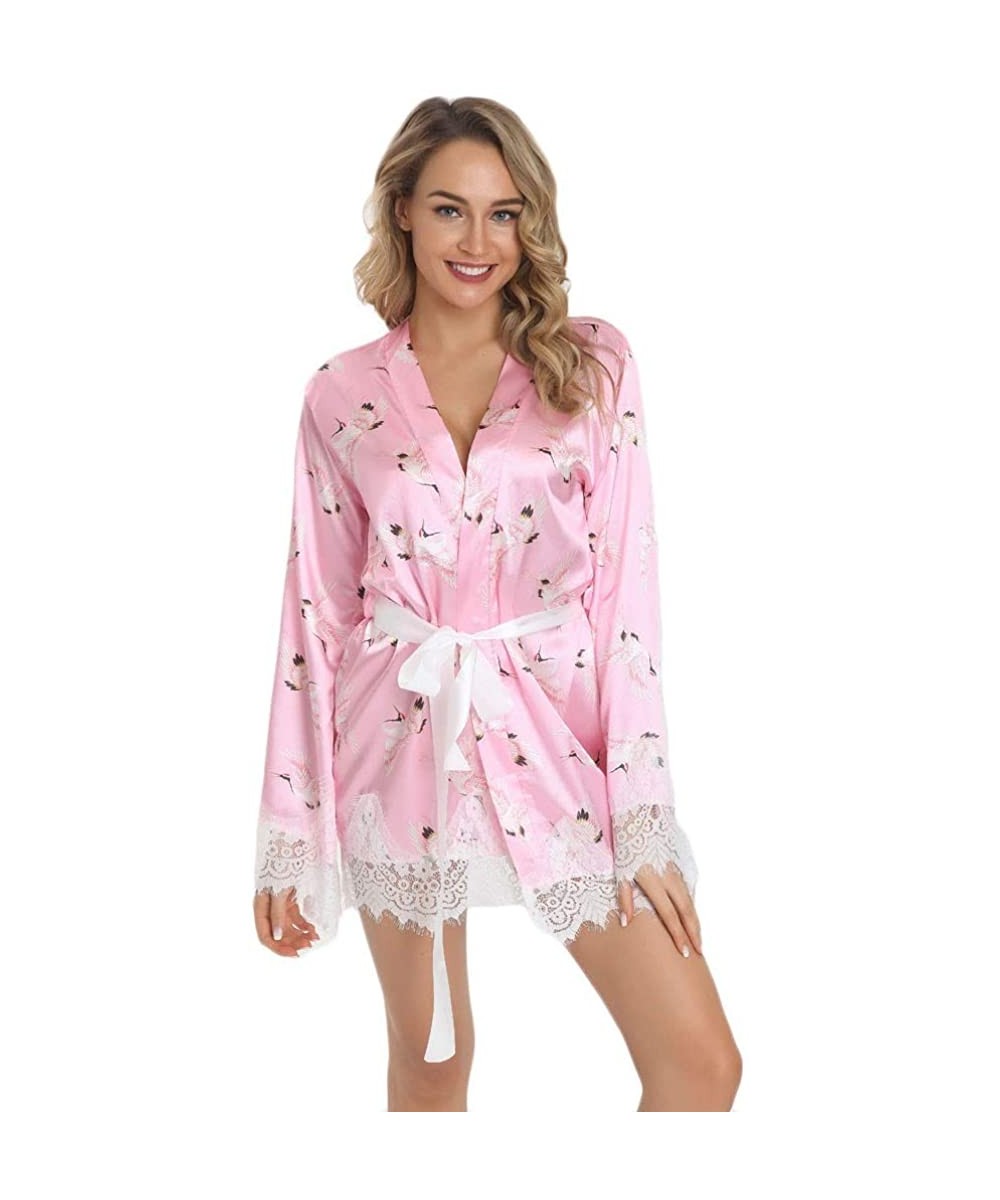 Slips Sexy Lingerie Women Printing Robe Satin Bathrobe Sleepwear Pajamas Bridal Gown - Pink - CX18ZQOZ6SE