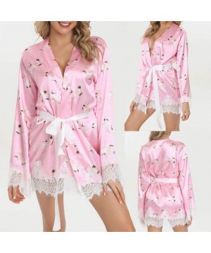 Slips Sexy Lingerie Women Printing Robe Satin Bathrobe Sleepwear Pajamas Bridal Gown - Pink - CX18ZQOZ6SE