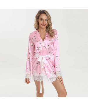 Slips Sexy Lingerie Women Printing Robe Satin Bathrobe Sleepwear Pajamas Bridal Gown - Pink - CX18ZQOZ6SE