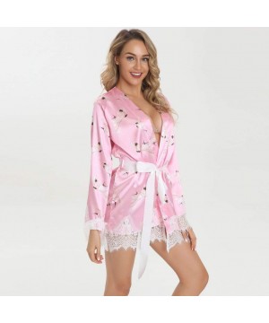 Slips Sexy Lingerie Women Printing Robe Satin Bathrobe Sleepwear Pajamas Bridal Gown - Pink - CX18ZQOZ6SE