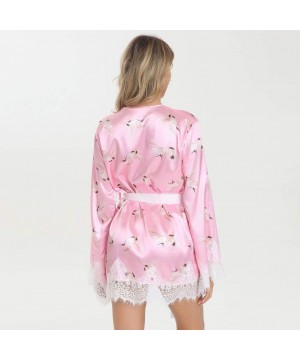 Slips Sexy Lingerie Women Printing Robe Satin Bathrobe Sleepwear Pajamas Bridal Gown - Pink - CX18ZQOZ6SE