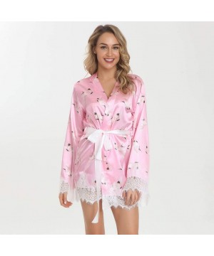 Slips Sexy Lingerie Women Printing Robe Satin Bathrobe Sleepwear Pajamas Bridal Gown - Pink - CX18ZQOZ6SE