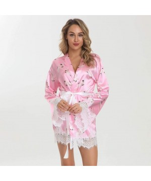 Slips Sexy Lingerie Women Printing Robe Satin Bathrobe Sleepwear Pajamas Bridal Gown - Pink - CX18ZQOZ6SE