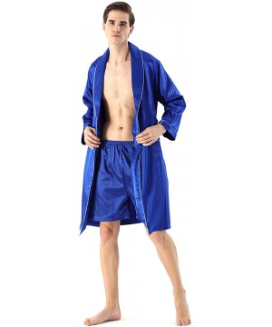 Robes Mens Satin Robe Lightweight Silk Spa Bathrobe with Shorts Nightgown Long Sleeve House Kimono Printed Bathrobe Set - Blu...