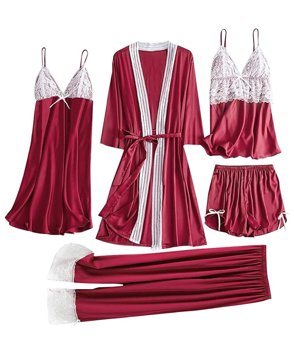 Sets Womens Lingerie Sexy Satin Pajamas Set 5pcs Nightgown Chemise with Robe Set Sexy Lace Nightwear Home Clothes - B-red (5 ...