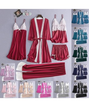 Sets Womens Lingerie Sexy Satin Pajamas Set 5pcs Nightgown Chemise with Robe Set Sexy Lace Nightwear Home Clothes - B-red (5 ...