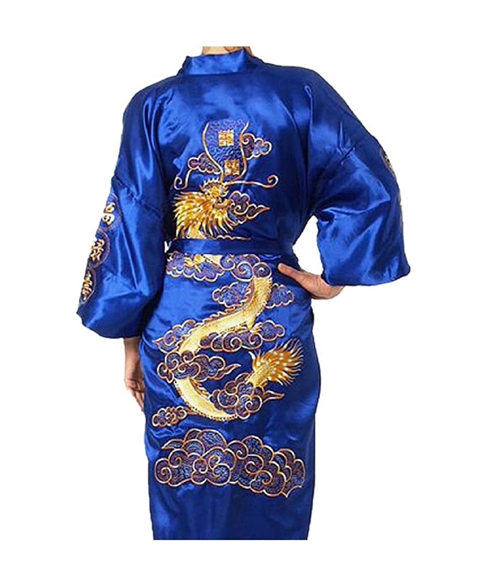 Robes Men's Robe Dragon Pattern Bathrobe with Waistband 5 Colors - Blue - CO120S8VMLB