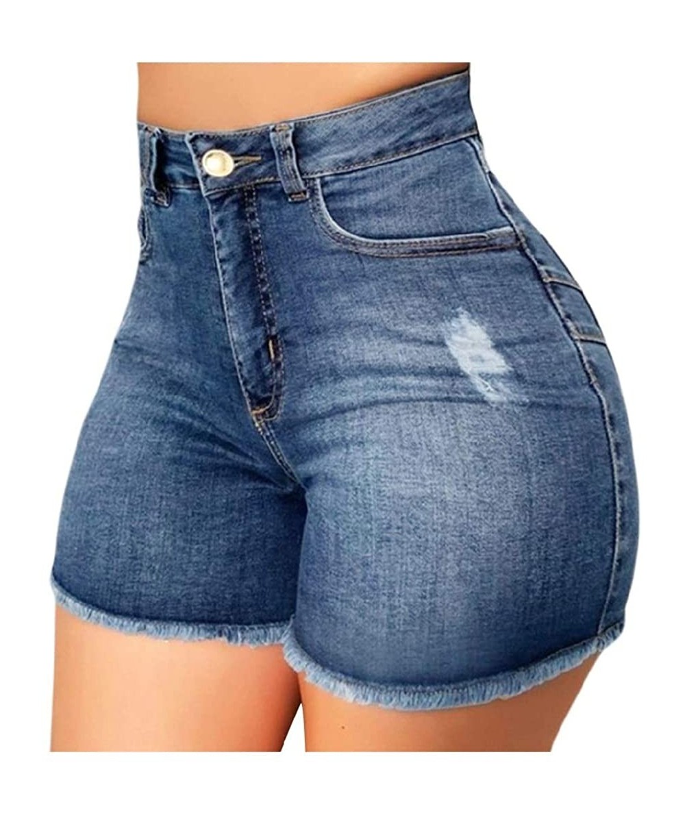 Bottoms Womens High-Waist Hole Denim Shorts Stretch Slim Fit Short Jeans Skinny Pants Hotpants - Blue - C419DALOXLS