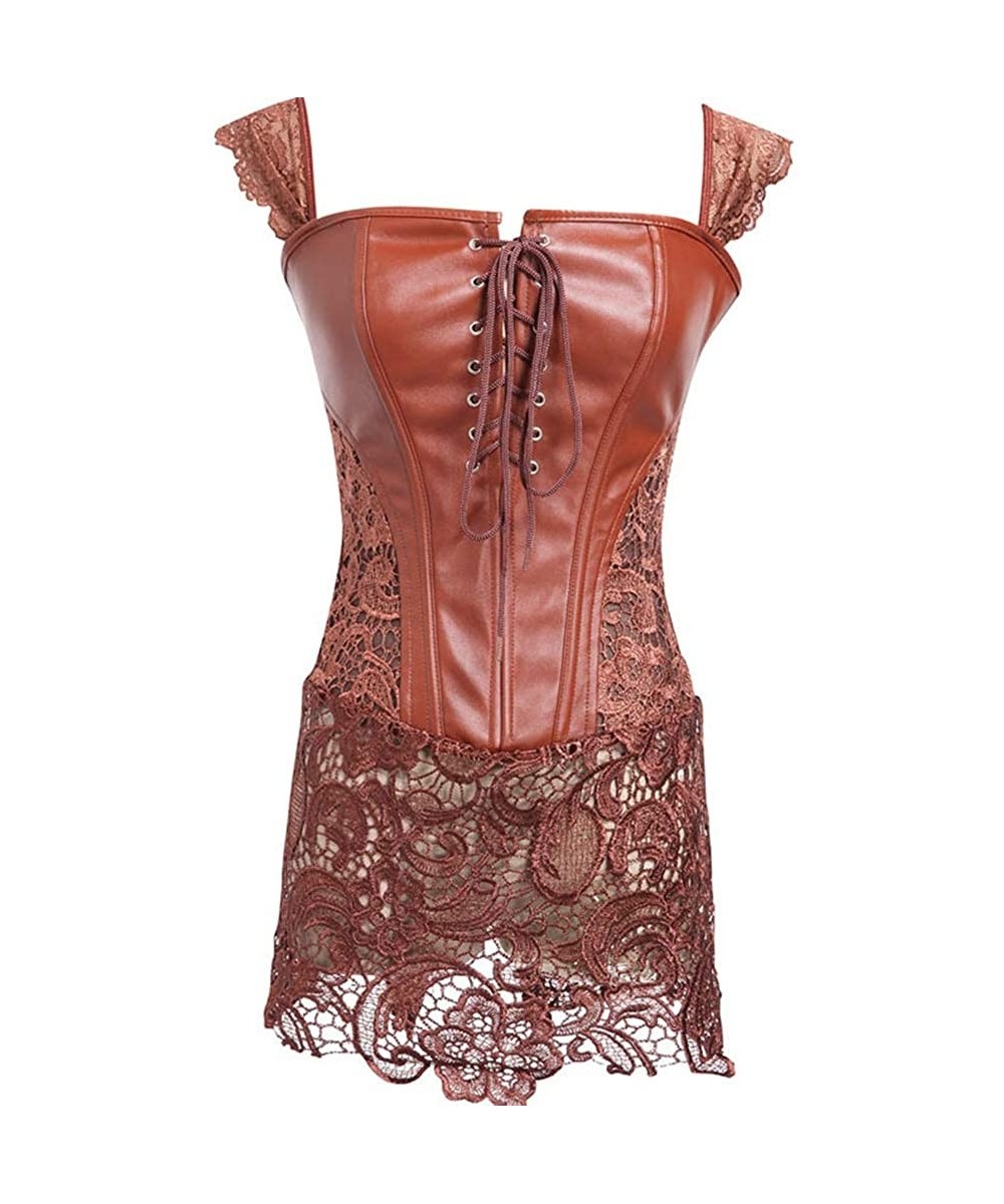 Bustiers & Corsets Womens Bustier Steampunk Gothic Faux Leather Corset with Lace Skirt - Brown - CH18LS3OMXX