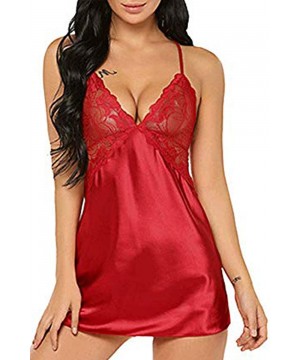 Baby Dolls & Chemises Women's Sexy V Neck Satin Lingerie Spaghetti Strap Chemise 2 Piece Sleepwear - Wnred - CN196WL20W5