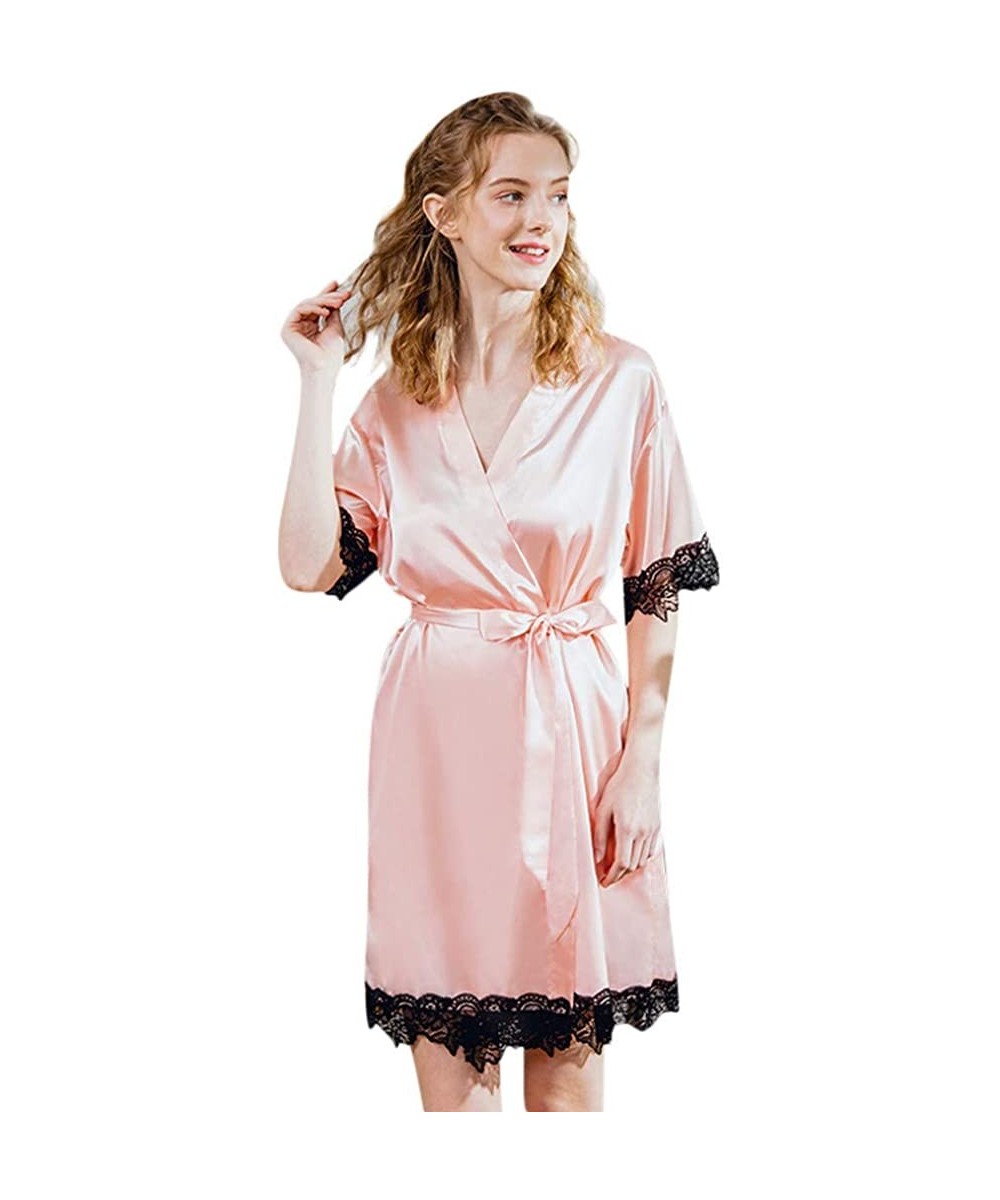 Robes Women Sexy Satin Kimono Fashion Lace Trim Pajamas Sleepwear Robe Long Sleeve Bathrobes Nightwear - Pink - CP194XLUHWL